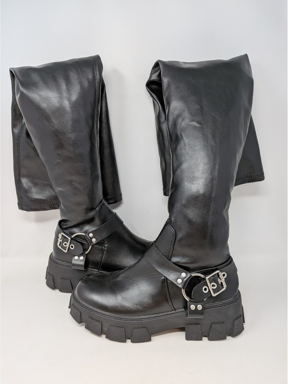 Wild Diva Lounge Women’s Black Over-the-Knee Platform Harness Buckle Boots 10W